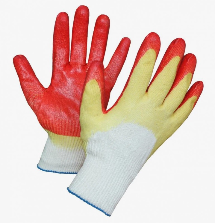 Перчатки х/б, 10-й класс вязки, ладонь облита латексом в 2 слоя, манжета трикотажная резинка, красные.