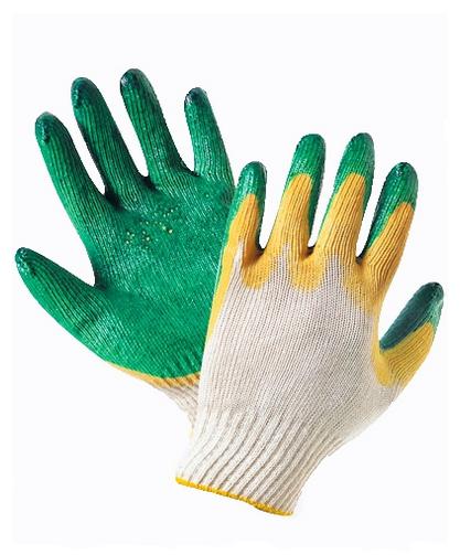Перчатки х/б, 10-й класс вязки, ладонь облита латексом в 2 слоя, манжета трикотажная резинка, зеленые.