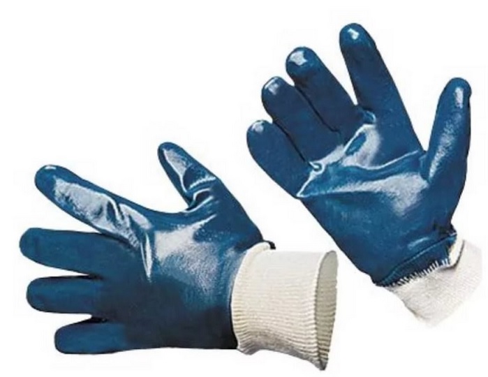Перчатки КЩС/МБС, облитые нитрилом, х/б основа, бесшовные, манжета х/б резинка, синие.