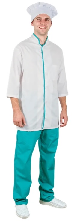 Костюм работника кухни, куртка+брюки, ткань смесовая 130 г/мкв, цвет белый/зеленый.