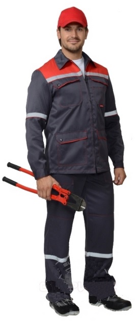 Костюм рабочий Механик мужской, куртка+брюки, ткань смесовая "CROWN230" 230 г/кв.м, цвет серый с красным.