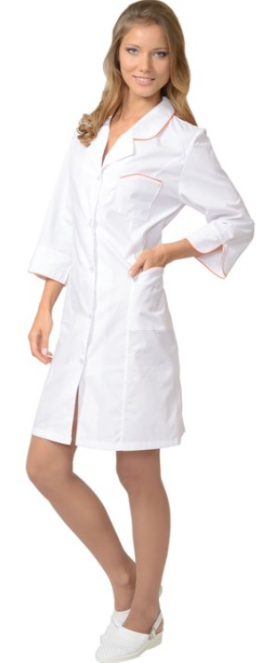 Халат женский Жасмин, ткань смесовая 65% ПЭ+35% ХБ, плотность 115г/кв.м, рукава 3/4, цвет белый с бирюзовой отделкой.