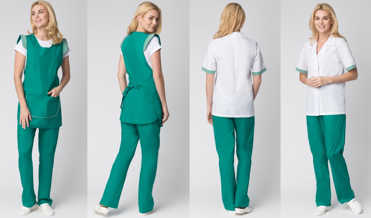 Костюм рабочий Надежда женский, цвет: зеленый/белый, фартук+блуза+брюки, ткань смесовая ТИСИ