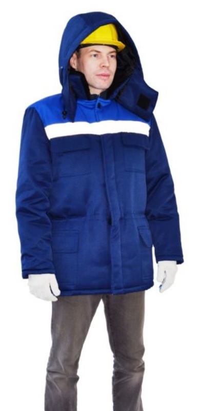 Куртка утепленная мужская Труженик, ткань смесовая Грета, утеплитель 3-х слойный синтепон, меховой воротник, капюшон, синяя с васильковым.
